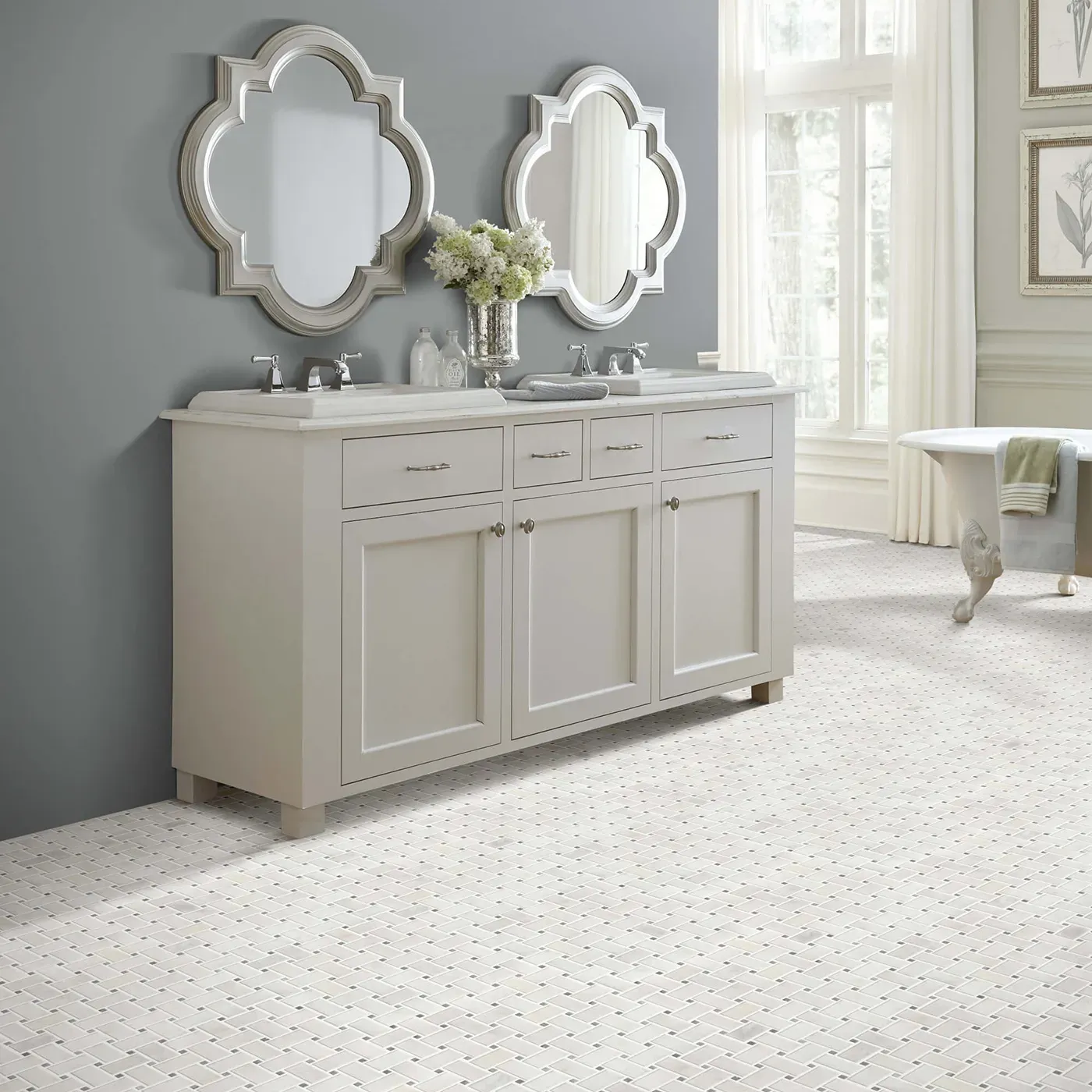 Boca-BasketweavePolishedMos-CS82M-00105-Channel-V Shaw Floors Channel white basket weave mosaic tile in a bathroom