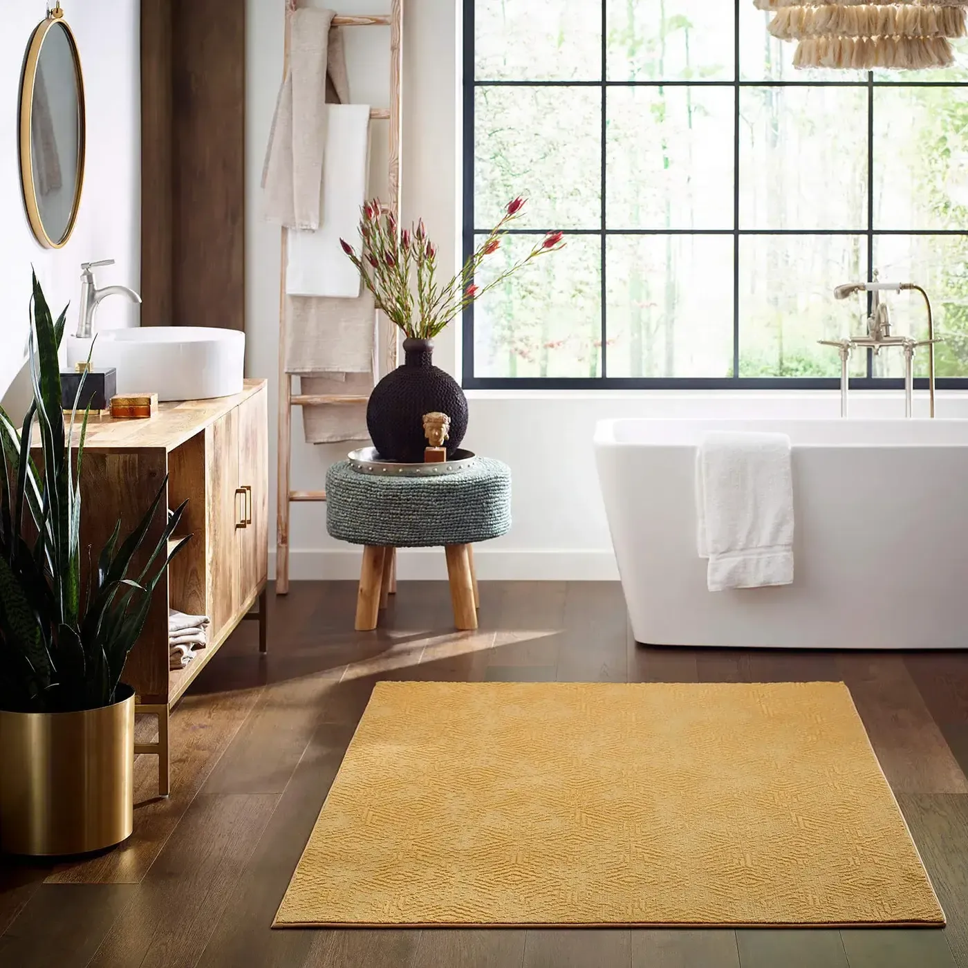 Boho-Chic-Bathroom-Vintage-Revival-CC77B-00250-Exquisite-FH820-7054-Cascade-BATHROOM-H A vibrant yellow Shaw Floors area rug
