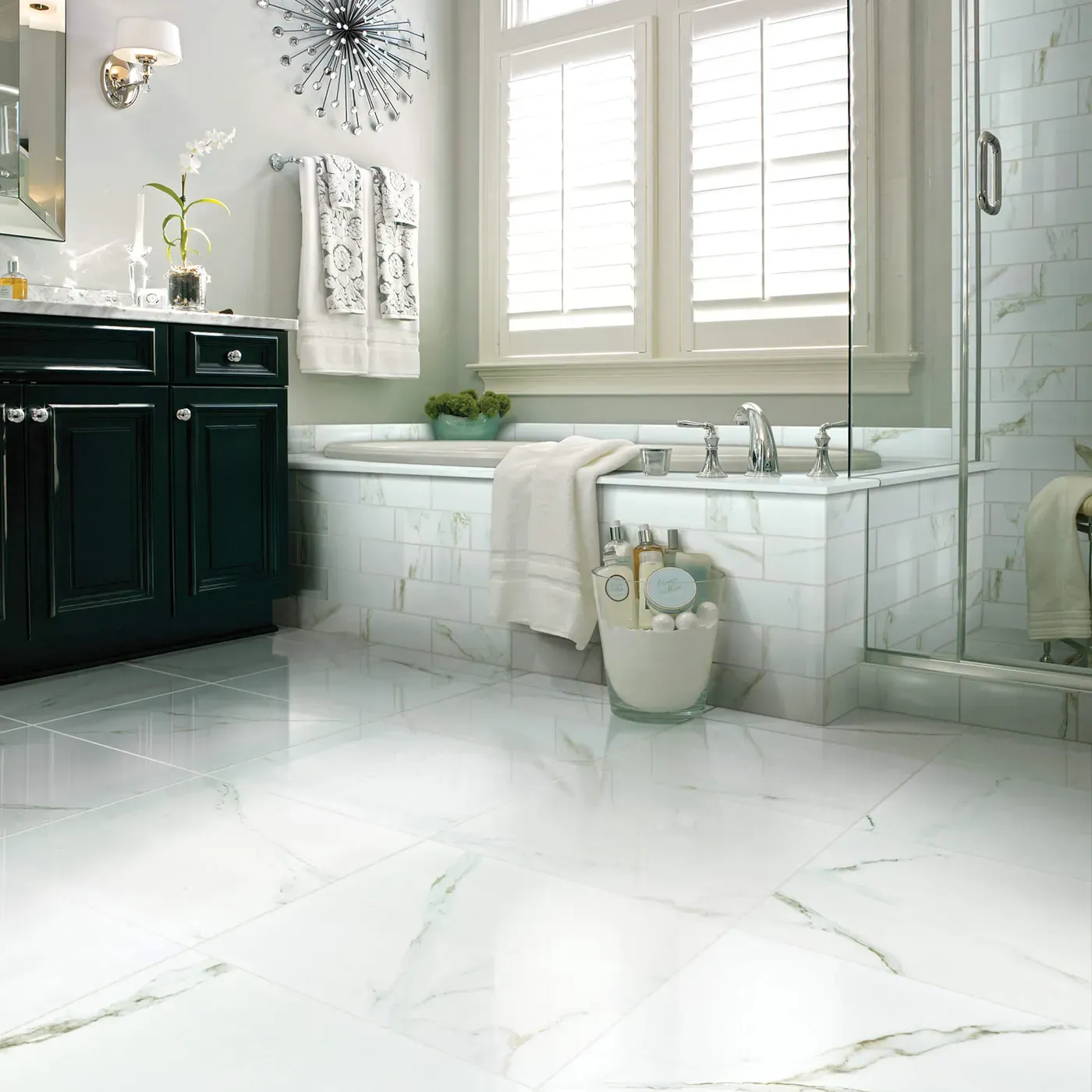 CASINO-POLISHED-CS37V-CASINO4X12-CS35V-CALACATTA-ORO-00121-V Shaw Floors Calacatta Oro polished white marble-look tile in a luxurious bathroom
