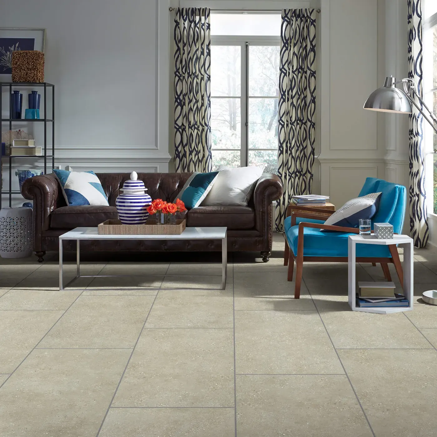 Crete-CS86Q-00200-Cafe-18x36-V Shaw Floors tile in a light beige cafe color, in a living room