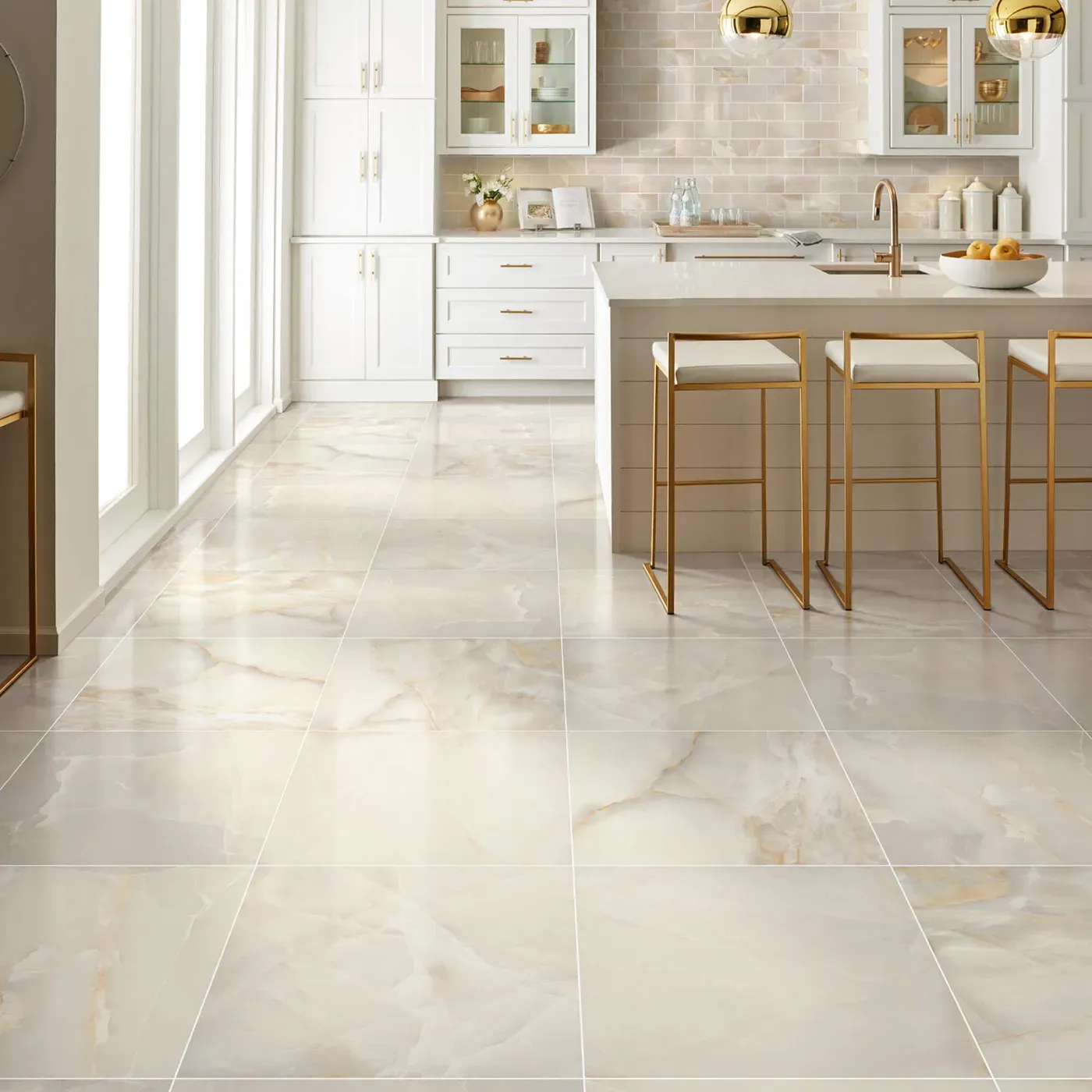 Gemstone-Polished-336TS-00200-Beige-24x24-BrickMosaic-RM-V Shaw Floors Beige polished tile with subtle veining in a white kitchen