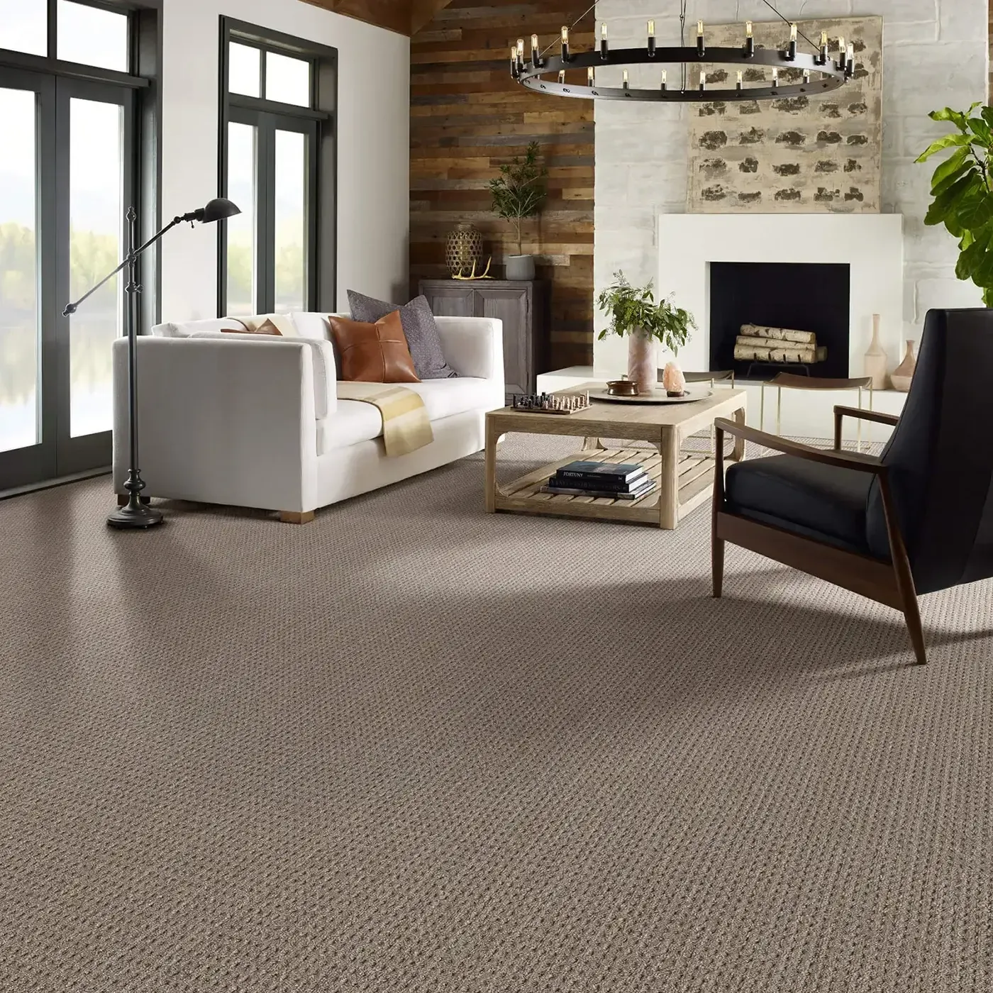 HDF42_99500_ROOM Brown Textured Shaw Floors carpet in rustic living room