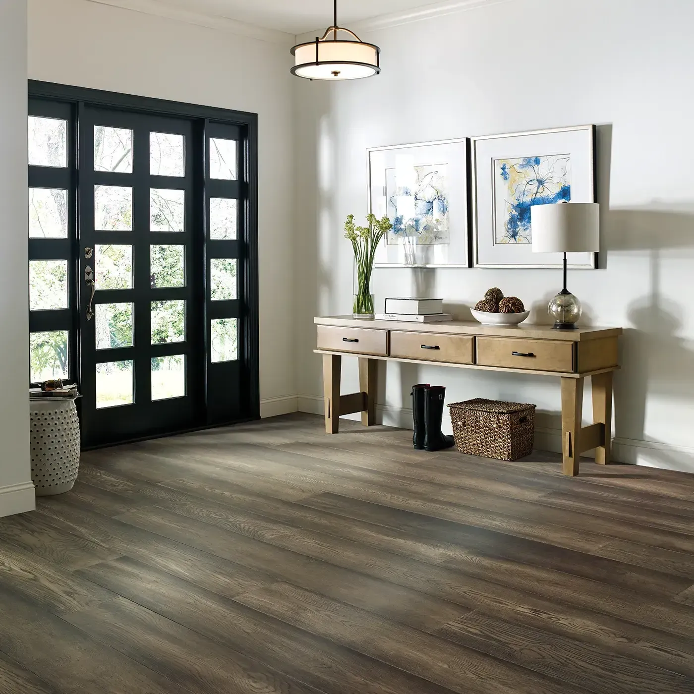 Magnificent-FH821-07057-DakotaHickory-7.5in-8U555-RM Dark brown hardwood in an entryway with a black front door