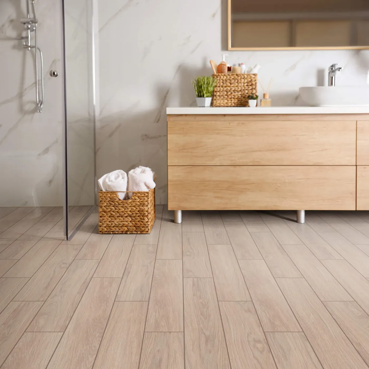 Moonstruck-401TS-00150-Ardor-6x36-RM-H Shaw Floors tile with a light wood look, in a modern bathroom