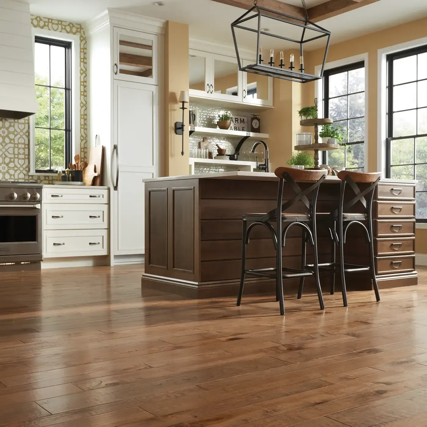 YukonMaple-SW549-01001-GoldDust-MixWidth Medium brown hardwood flooring in a kitchen